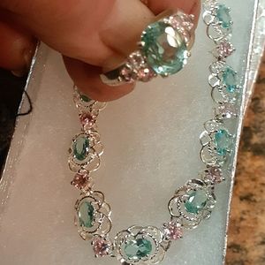 Vintage 925 pink/green gemstone bracelet and ring